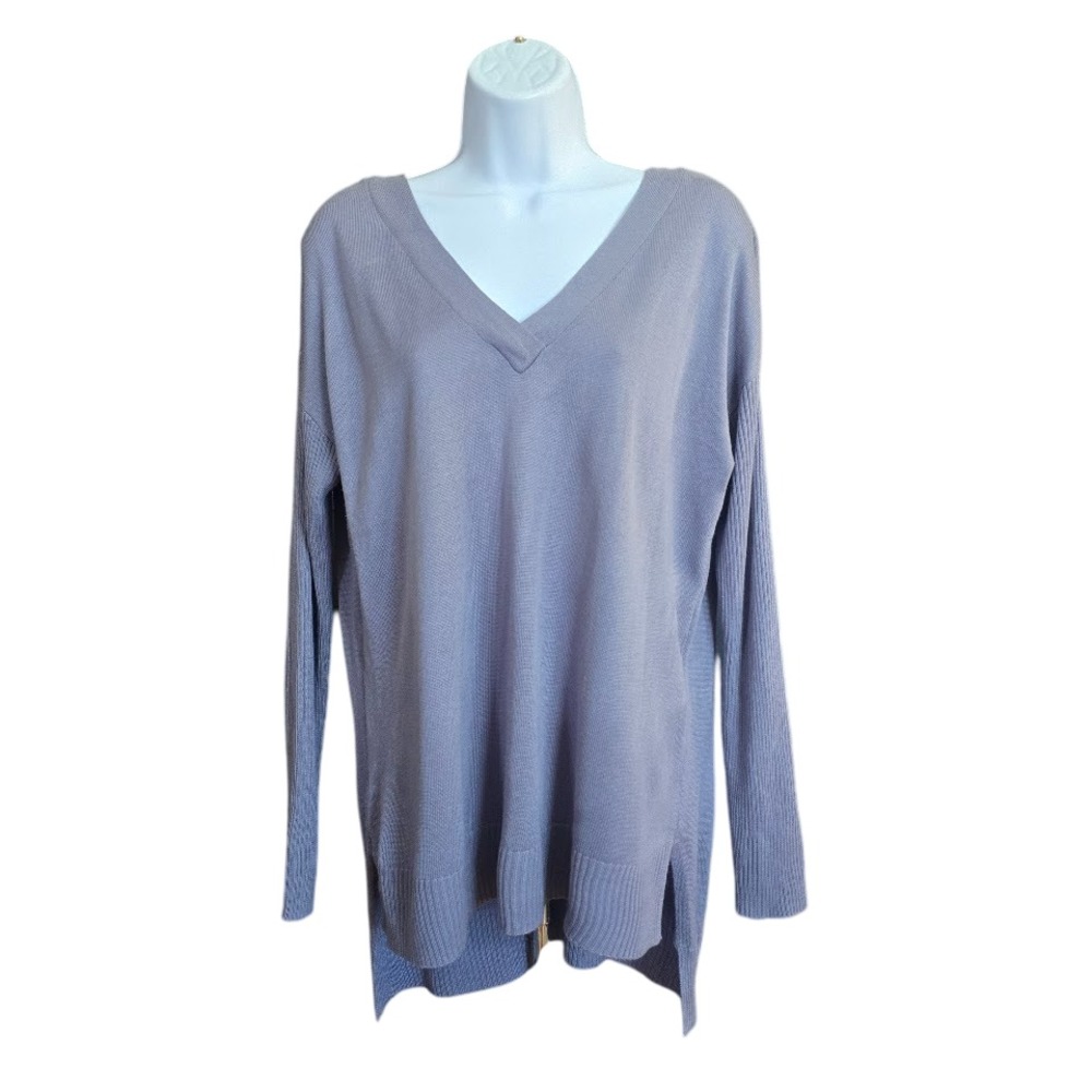 Poof NY V-Neck Tunic Crossback Sweater Womens Medium Dusty Blue Ribbed Oversized